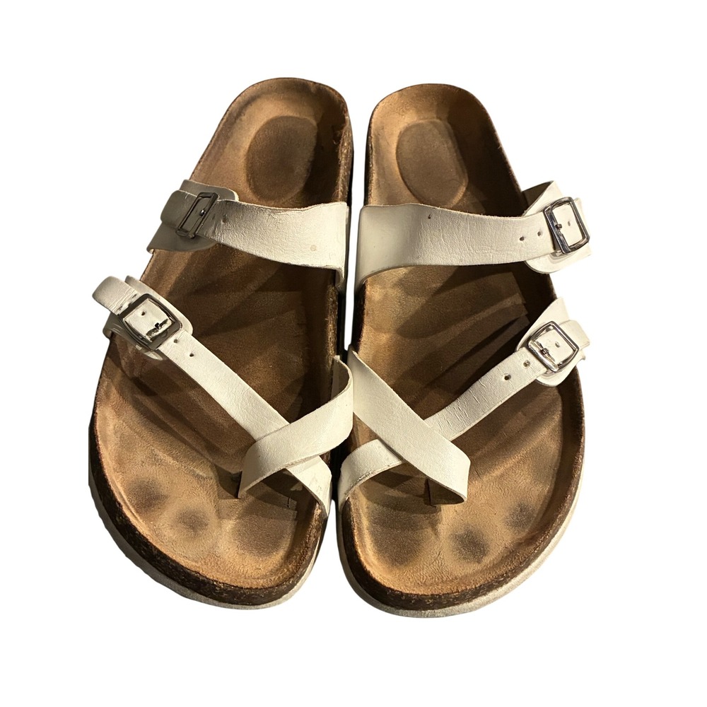 Time and Tru White Strappy Toe Loop Sandals Cork Footbed Buckle Slides Size 9.5
